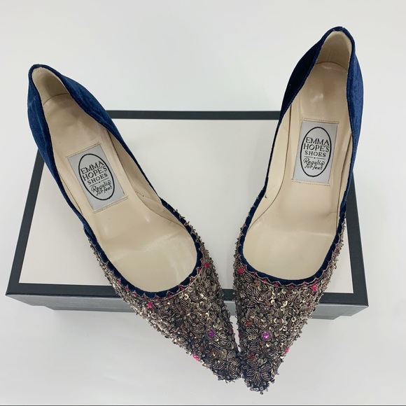 Emma Hope Shoes - Emma Hope's Shoes Blue Velvet Gold Beading 39